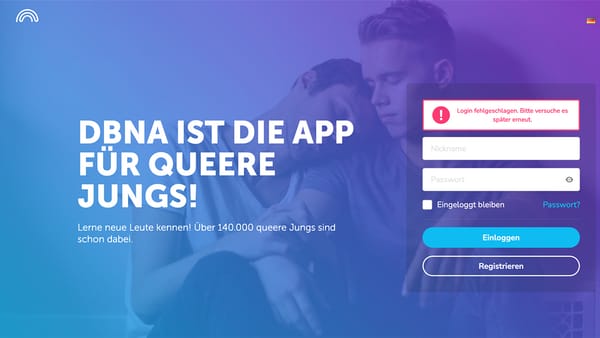 Die Startseite der DBNA-Community. In weißer Schrift steht dort der Slogan: DBNA ist die App für queere Jungs! Rechts daneben